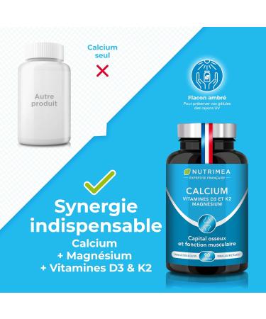Calcium Magnesium and Vitamins D3 & K2 - Bone Health Complex - Strengthens Bones and Muscles - Supports Bone Density - 90 Vegan Capsules - Nutrimea - Made in France - Buy Online on GoSupps.com