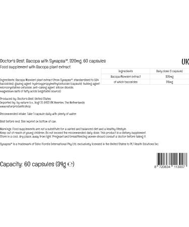 Doctor's Best Bacopa Synapsa Extract 320mg 60 Vegan Capsules | Lab Tested Gluten-Free Non-GMO | Vegetarian - Buy Online on GoSupps.com