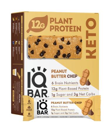 IQBAR Brain and Body Keto Protein Bars - Peanut Butter Chip Keto Bars - 12-Count Energy Bars - Low Carb Protein Bars - High Fiber Vegan Bars and Low Sugar Meal Replacement Bars - Vegan Snacks 12 Count (Pack of 1)