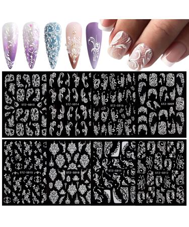 EBANKU 8 Sheets 5D Flower Nail Stickers Rose White Embossed Sliders Wedding Nail Art Design Acrylic Engraved Flower Decal Manicure Decor 5D Self-Adhesive Nail Foil Sticker Decor