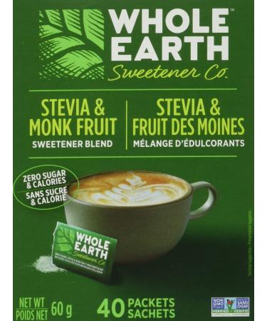 Whole Earth Sweetener Company Stevia & Monk Fruit Sweetener Erythritol Sweetener Sweet Leaf Stevia Packets Sugar Substitute Natural Sweetener 40-Count 40 count (Pack of 1)