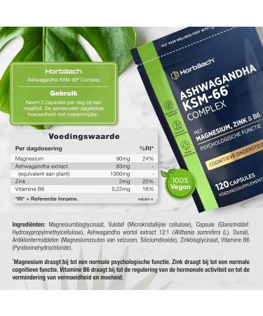 Ashwagandha KSM66 Magnesium Zinc & B6 Complex 120 Vegan Capsules 1000mg Ashwagandha Extract High Strength from Horbaach - Buy Online on GoSupps.com