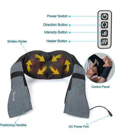 Shiatsu Back Shoulder and Neck Massager with Heat - Deep Tissue Kneading Pillow Massage - Electric Full Body Massager - Black Gray - Buy Online on GoSupps.com
