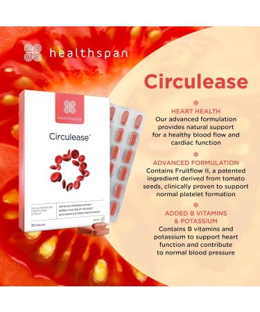 Healthspan Circulease with 150mg of Fruitflow (1 month supply) | Natural support for a healthy blood flow & cardiac function | Maintain Blood Pressure & support normal red blood cell formation | Vegan - Buy Online on GoSupps.com