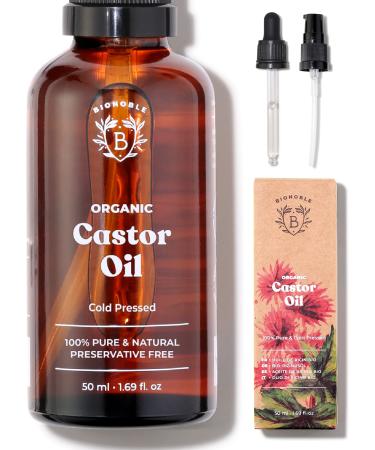 Bionoble Organic Castor Oil 50ml - 100% Pure Natural Cold Pressed - Lashes Eyebrows Body Hair Beard Nails - Vegan and Cruelty Free - Glass Bottle + Pipette + Pump Castor Oil 50 ml (Pack of 1)