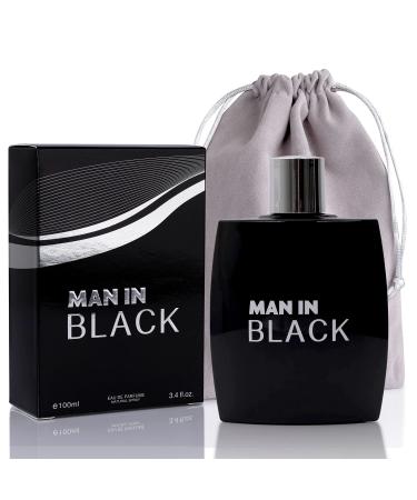 NovoGlow Man in Black for Men - Luxurious Aroma in Each 3.4 fl Oz Black Glass Bottle - Top Notes of Bergamot and Pineapple Formulated with Essential Oils - Fantastic Gift Choice - Grey Suede Pouch