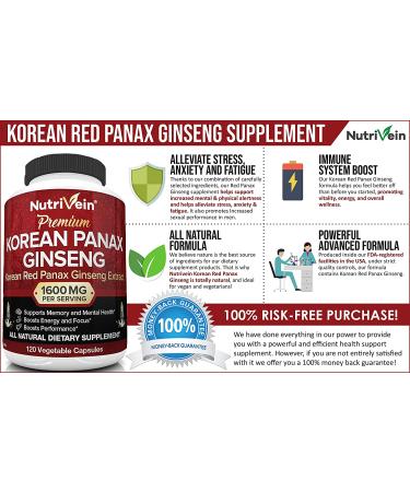 Nutrivein Korean Red Panax Ginseng 1600mg - 120 Vegan Capsules - High Strength, 5% Ginsenosides - Energy, Potency, Strength, Vigor and Focus Supplement - Buy Online on GoSupps.com