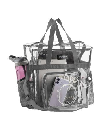 Clear Tote Bag Stadium Approved - Mesh Pockets, Shoulder Straps, Zippered Top. Perfect for Work, School, Games and Concerts. Clear / Grey Trim