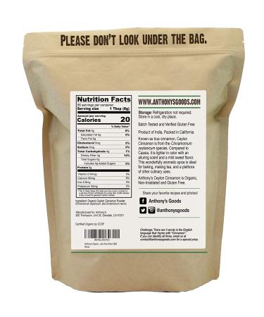 Anthony's Organic Ceylon Cinnamon Powder 1 lb - Gluten Free, Non GMO, Non Irradiated, Keto Friendly - Buy Online on GoSupps.com