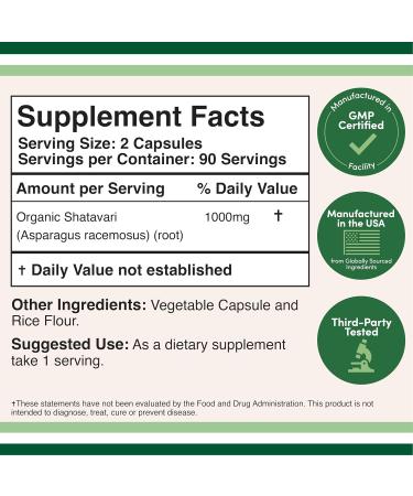 Organic Shatavari Capsules - 1,000mg Organic Shatavari Powder Per Serving (180 Capsules 90 Day Supply) for Hormone Balance and Prolactin Production (Non-GMO Gluten Free Vegan Safe) by Double Wood - Buy Online on GoSupps.com