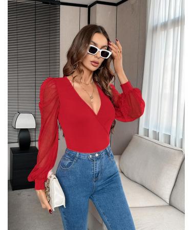 Fayenne Womens Tops Deep V Neck Cross Wrap Sexy Tops Polka Dot Mesh Long Sleeve T Shirt Casual Blouses M Red - Buy Online on GoSupps.com