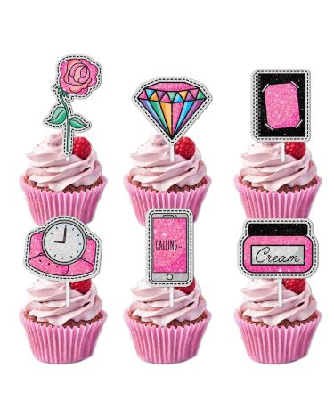18pcs Pink Glitter Dessert Cupcake Topper for Make Up Flowers Diamond Theme Decor Supplies Lady Woman Girls Happy Birthday Bachelor Wedding Party Decoration