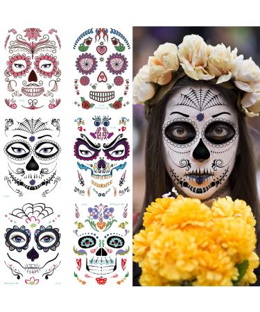 2022 Halloween Temporary Face Tattoo Sticker  Day of The Dead Full Face Makeup for Party Costume Sugar Skull Floral Skeleton Web Red Roses Tattoos