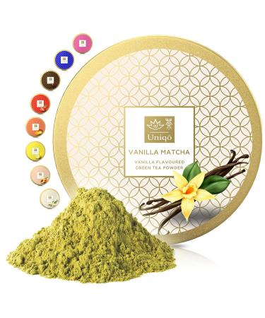 Tea Uniqo - Vanilla Matcha powder - ideal for ice cream latte shakes for baking cooking or drinking pure - green tea powder with vanilla taste 100% naturally in re -lockable can