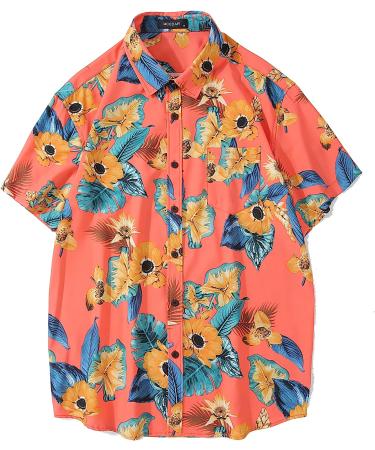 MCEDAR Men's Hawaiian Shirt and Short Set with Bucket Hat - Pink/Orange Floral - Size XL - Casual Beach Vacation Outfit - Buy Online on GoSupps.com