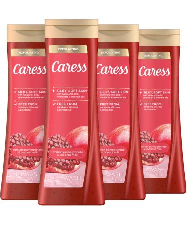 Caress Body Wash for Women Tahitian Pomegranate & Coconut Milk Exfoliating Shower Gel for Renewed Glowing Skin 20 fl oz 4 Pack