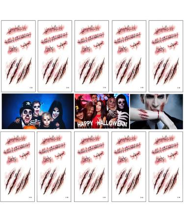 Halloween Scar Temporary Tattoos  Bezall 10 Sheets Realistic Fake Face Blood Wound Stitch Tattoo Sticker Waterproof Zombie Makeup Prank Props Type A