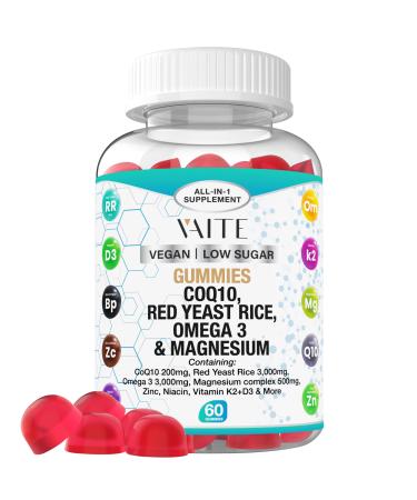 CoQ10 200mg Gummies with Red Yeast Rice & Magnesium Omega-3 Zinc and Vitamin K2+D3 for Overall Health Supplements for Adults and Kids 60 Chewable Gummies