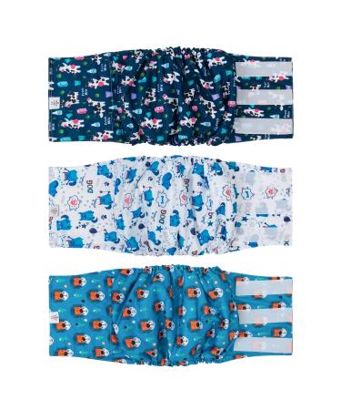 Cuteebone male washable dog diapers belly bands 3 pieces reusable dog belly band for male high-suction dog wraps with flexible Velcro fastener Cow & Lion & Dog XL (53.5-68.5cm)