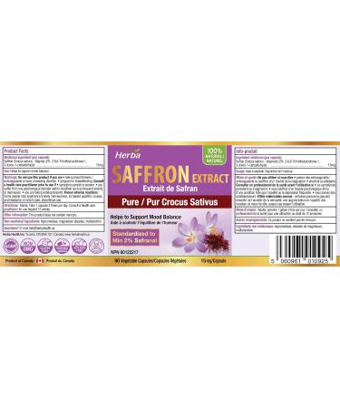 Herba Saffron Supplement 90 Capsules | Saffron Extract Standardized to 2% Safranal and 3% Crocin | 15mg Saffron from Pure Crocus Sativus | Helps to Support Mood Balance | NPN from Health Canada - Buy Online on GoSupps.com