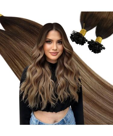 UGEAT 35cm flat bonding extensions keratin hair extension 1g 50 stuck/package Remy Brazilian real hair bonding glue tips (dark brown to medium brown and light gold brown #2/6/12) 14 inch 3.flat tip #2/6/12