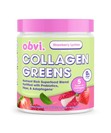 Obvi Collagen Greens | Organic Greens Superfood Powder with Collagen Peptides | Probiotics for Gut Health Skin Hair Nails | Gluten-Free Zero Sugar | Strawberry Lychee Flavor 25 Servings