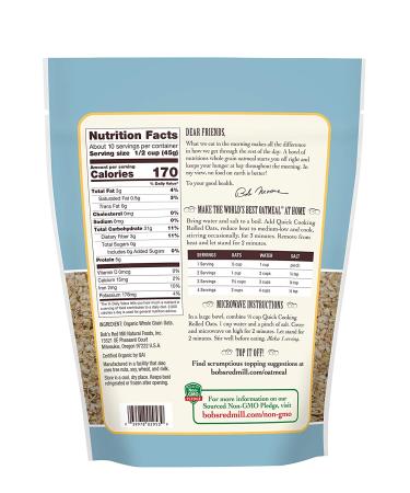 Bob's Red Mill Organic Quick Cooking Rolled Oats - 16 Oz Resealable Package - Buy Online on GoSupps.com