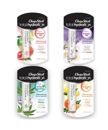 ChapStick Total Hydration, 100 Percent Natural Essential Oils Set - Collection of 4 Lip Balm Tubes 0.12 oz Each Variety Pack