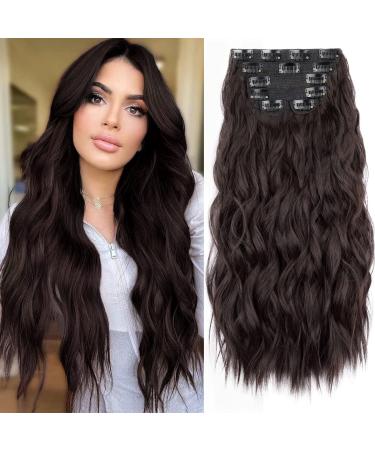Flvaco Clip In Hair Extensions 20 Inch 6PCS Long Synthetic Dark Brown Thick Long Wavy Clip Ins Hair Extension Double Weft Hairpieces Extensions Full Head For Women(230G,Dark Brown) 20 Inch (Pcs of 6) Dark Brown