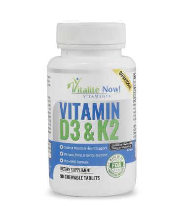 Best Vitamin D3 2000 IU + K2 - Optimized Absorption in Best Form MK7 for Lung Health Strong Bones & Healthy Heart - All Natural - Cherry Flavor - 90 Chewable Tablets - 3 Month Supply!