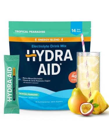 HYDRA AID Hydration Energy Powder Drink Mix | Marine-Mineral Electrolytes Vitamins B C D Low Sodium | 14 Stick Packs - Tropical Pearadise | Vegan Non-GMO Gluten Free