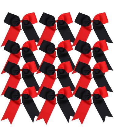 Cheerleading Bow Jumbo Cheer Bows 12 Pcs 7 Inch Ponytail Holder Cheerleader Bows Hair Tie (Red/Black)