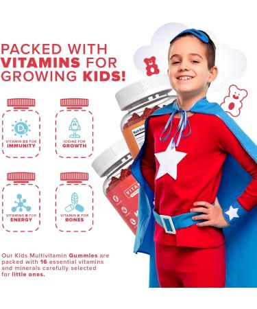 Kids Vitamins | Kids Multivitamin Gummies | 3 Month Supply | 16 Essential Nutrients | Vitamin C A D3 B2 B6 B12 E K Biotin Iodine Zinc & More | Non-GMO Vegetarian Chewable 90 Count GMP - Buy Online on GoSupps.com
