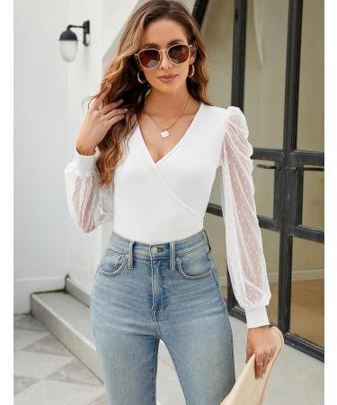 Fayenne Womens Tops Deep V Neck Cross Wrap Sexy Tops Polka Dot Mesh Long Sleeve T Shirt Casual Blouses M White - Buy Online on GoSupps.com