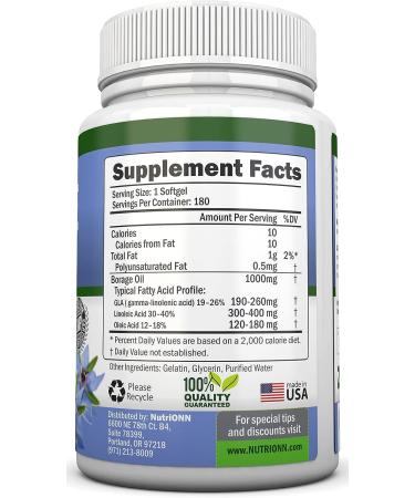 NutriONN Borage Oil 1000mg - 180 Softgels - Cold Pressed High GLA Seed Oil - Hexane & PA Free - Skin, Hair, Joints, Bones Support - Buy Online on GoSupps.com