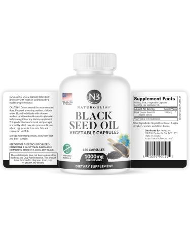 NaturoBliss Black Seed Oil - 150 Softgel Capsules Skin Health (Non-GMO & Vegan) Premium Cold-Pressed Nigella Sativa Producing Pure Black Cumin Seed Oil - 1000mg Per 2 Capsule Serving - 75 Servings - Buy Online on GoSupps.com