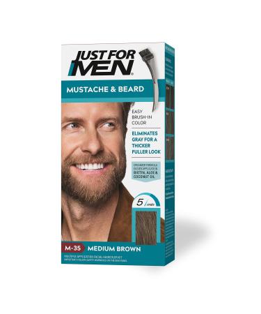 Just For Men Mustache & Beard, Beard Coloring for Gray Hair with Brush Included for Easy Application, With Biotin Aloe and Coconut Oil for Healthy Facial Hair - Medium Brown, M-35 Pack of 1 Medium Brown