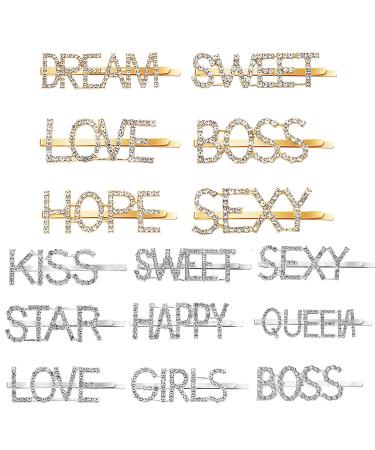 15 Pieces Words Letter Hair Pins Glitter Rhinestone Hair Clips Straight Letter Hair Pins Barrettes for Women Ladies Girls (Stylish Style)