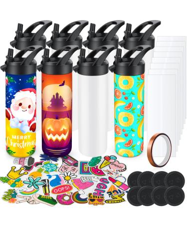 8 Pack 20oz Sublimation Tumbler Set Triple-Insulated Stainless Steel Sports Water Bottle with Straw Lid Blank Sublimation Cup with DIY Stickers, Shrink Wrap, Rubber Base, Heat Tape for Heat Transfer