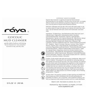 Raya Glycolic Mud Facial Cleanser with AHA 8 oz (G-103) | Exfoliating pH Balanced Facial Cleansing Fluid for Non Sensitive Dry and Combination Skin | Made with Alpha Hydroxy Acid and Volcanic Mud 8 Fl Oz (Pack of 1) - Buy Online on GoSupps.com