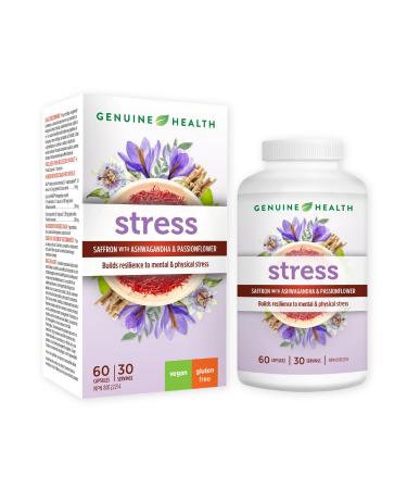 Genuine Health stress 60 count 30 day supply Saffron Ashwagandha and Passionflower for natural daily stress and sleep support Dairy & gluten-free Vegan