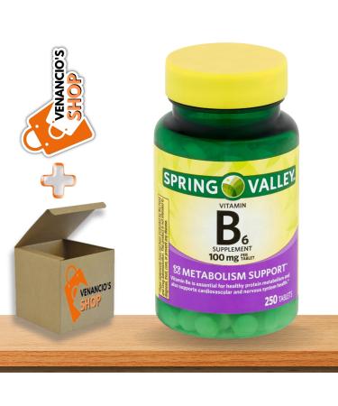 Vitamin B6 (Pyridoxine HCl) 100 mg Tablets 250 Veg Pills Cardiovascular Health* by Spring Valley + Includes Venancio sFridge Sticker