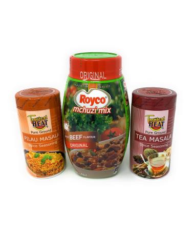Bundle of 3 Quality Aromatic & Flavored Spices-Tropical Heat Pilau Masala - Royco Spicy Beef Flavor-Tropical Heat Kenyan Tea Masala-to Give Your Foods & Teas Extra Taste and Aroma