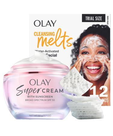 Olay Super Cream with Sunscreen SPF 30 Lightweight Face Moisturizer with Sun Protection 5-in-1 Skin Care Benefits (1.7 oz) & Trial Size Vitamin C Cleansing Melts Water-Activated Face Wash (12 ct)