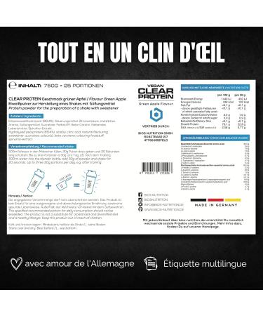 Clear Vegan Protein POMME VERTE 750gr - shake incroyablement d licieux & rafra chissant - Clear Whey Protein Alternative avec hydrolysat de prot ines de pois de haute qualit - BIOS Nutrition - Buy Online on GoSupps.com