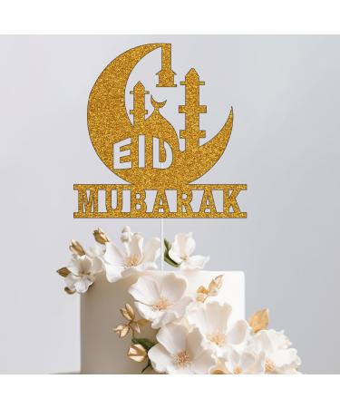 Trimming Shop Eid Mubarak Glitter Cake Topper Islamic Muslim Festival Ramadan Mubarak/EID Mubarak Party Cake Decoration Ramadan Party Favors Cake Topper Cake Decoration Supplies - Gold Masjid with Moon Gold