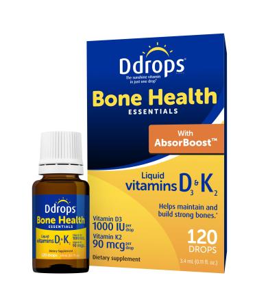 Ddrops Adult Bone Health 1000 IU Vitamin D3 + 90 mcg K2-120 Drops - Helps Maintain and Build Strong Bones and Teeth. No Artificial Preservatives No Sugar Non-GMO Allergy-Friendly