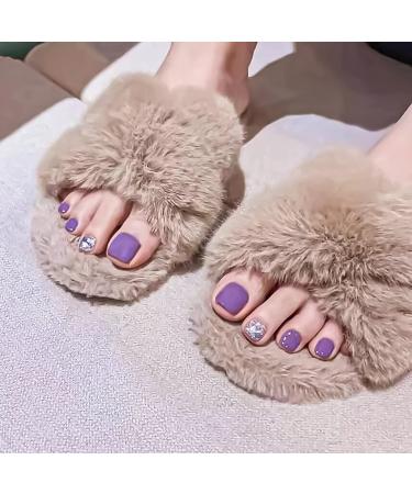 Purple Press on Toenails Square Fake Toe Nails Glossy Acrylic Full Cover Glue on Toe Nails Silver Sequin Design Static Nails for Women and Girl Artificial Toenails 24Pcs Purple Silver