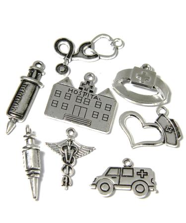 Set of 8 Assorted Antique Silver Plated Nurse Doctor EMS Pharmacist Medical Jewelry Charm Pendants Including Stethoscope Needle Hospital Ambulance Caduceus Hat on Heart Cap