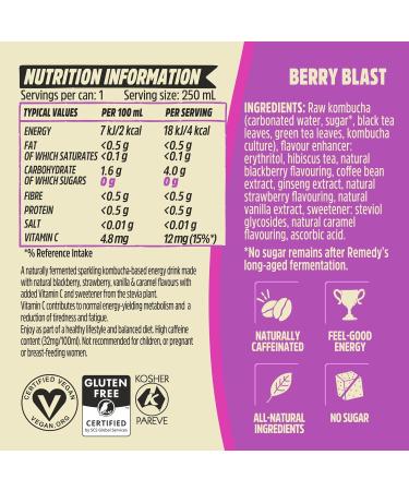 Remedy Natural Energy Drink - Tropical Twist & Berry Blast Mixed Pack - Natural Caffeine - Sugar Free & Low Calorie - Kombucha Energy Drink with Probiotics for Gut Health - 12 x 250ml Energy (Berry & Tropical) 12x250ml - Buy Online on GoSupps.com